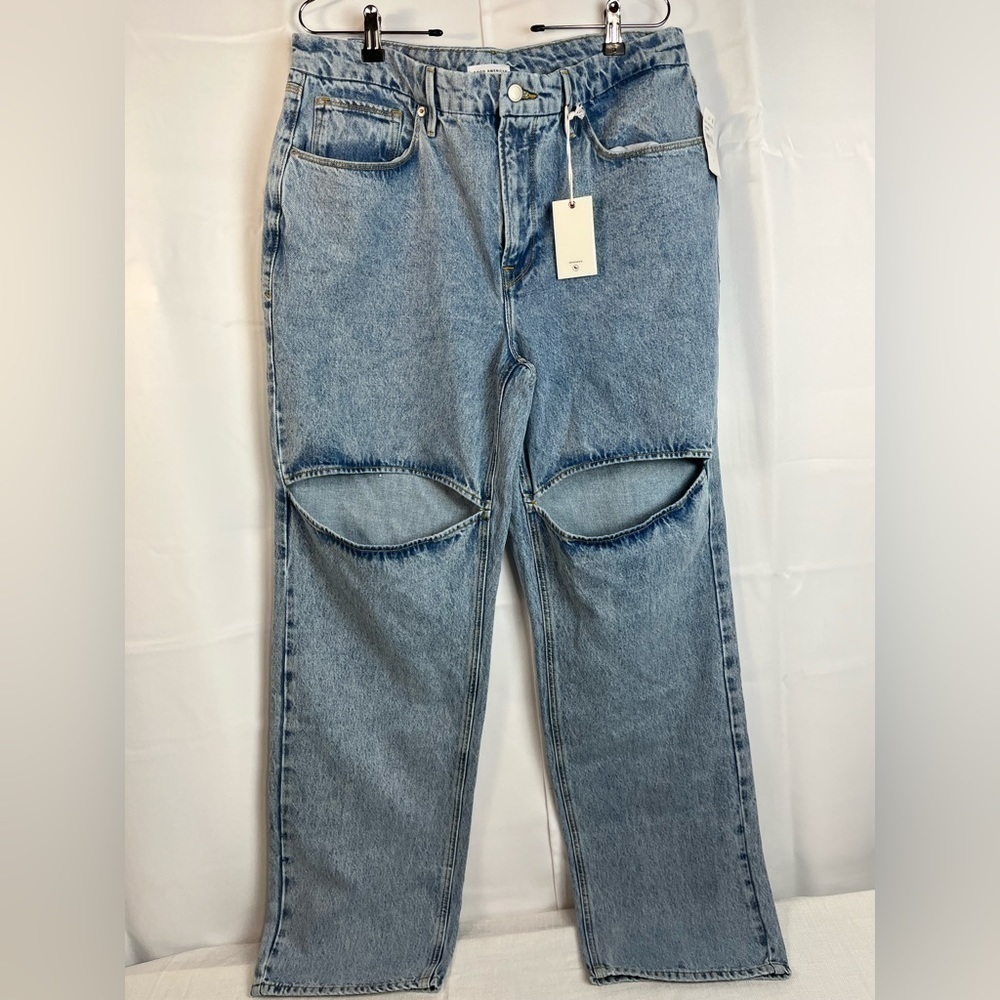 Good American Womens High Rise Straight 90s Style open knee size 14/32 Jeans